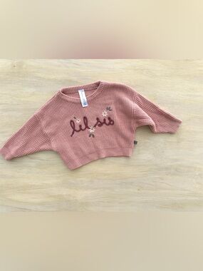 Lil Sis Embroidered Pink Knit Cropped Sweater 12 month